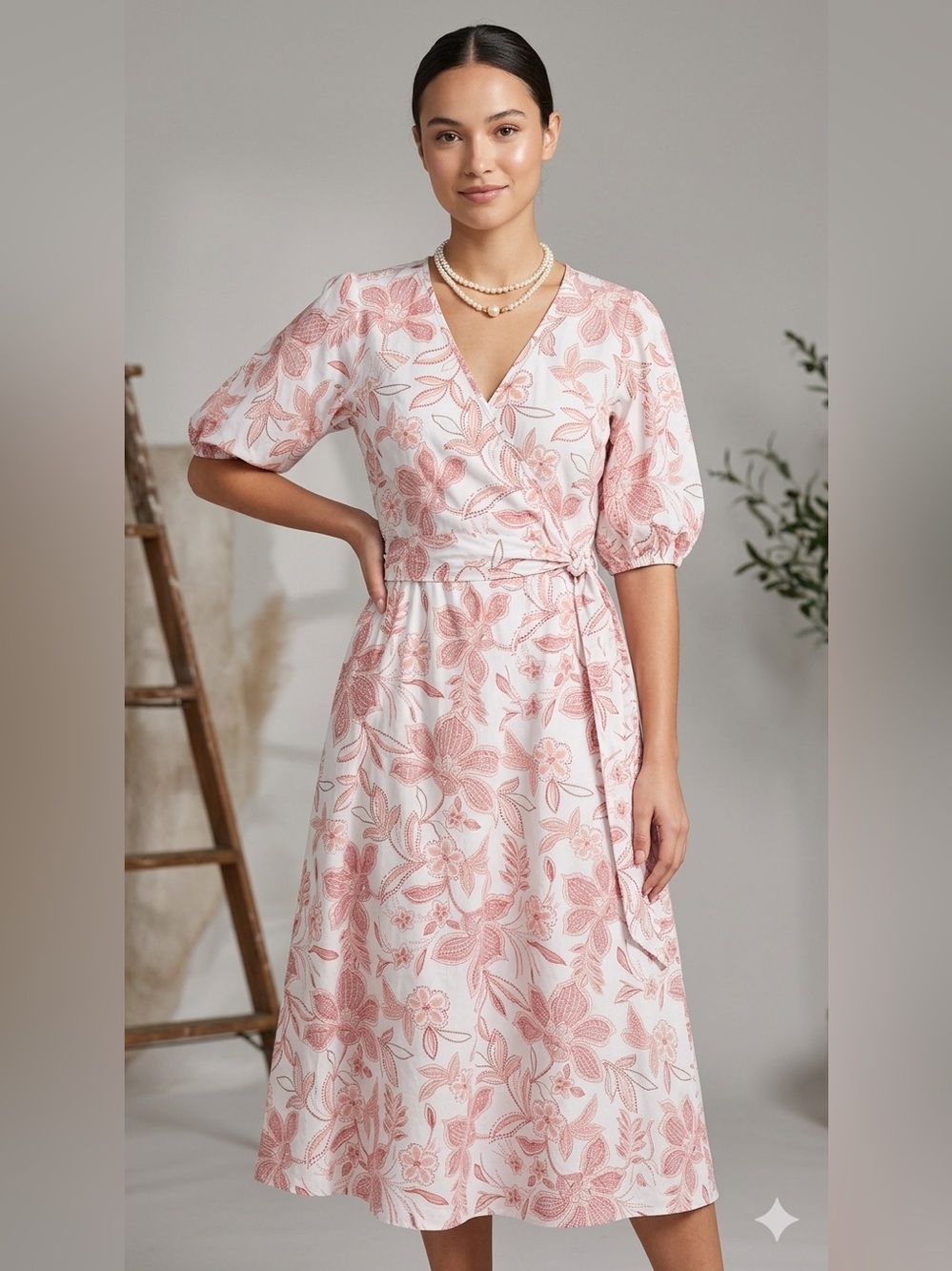 NWT Summersalt Wrap Midi Dress Women’s Medium Batik Coastal Poplin Puff-Sleeve
